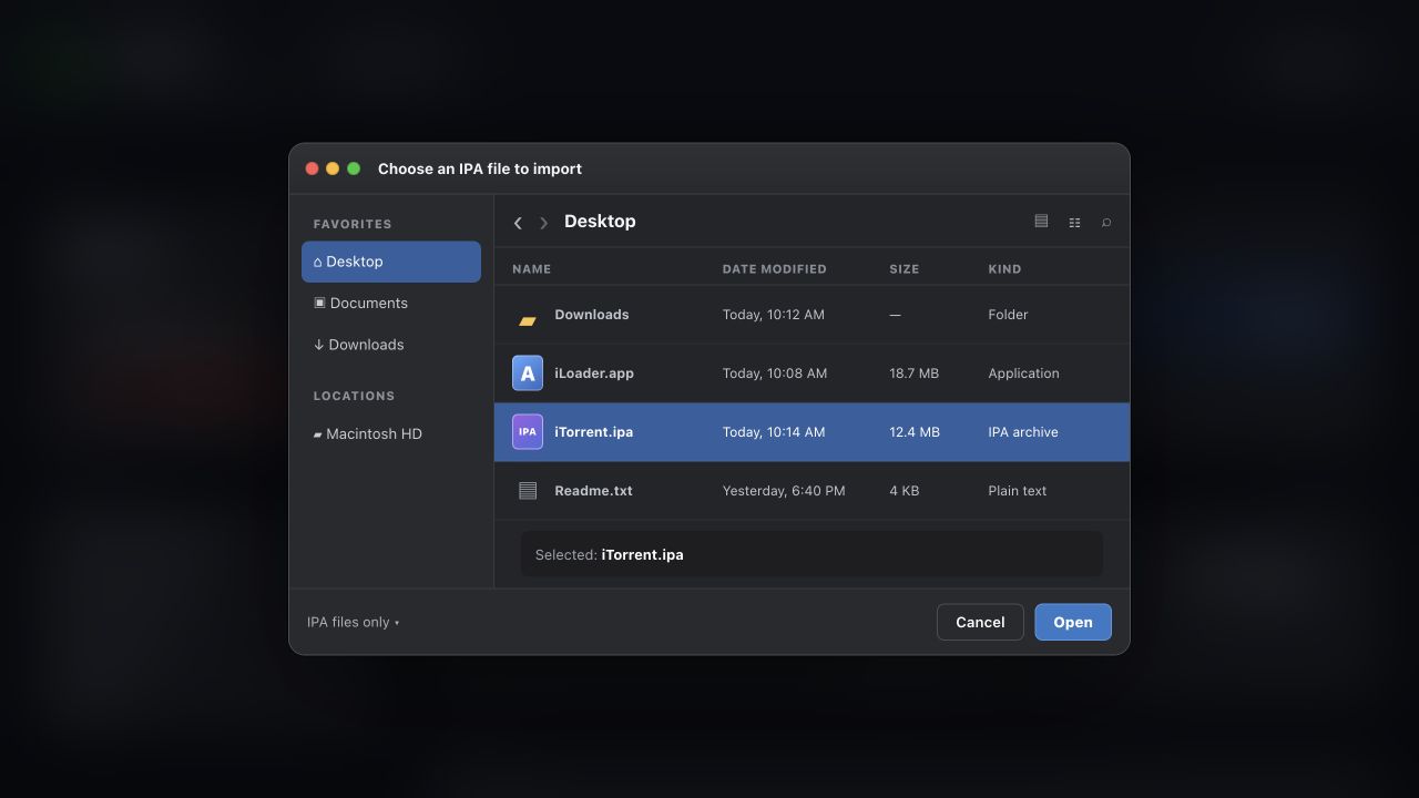 Source-captured file picker with iTorrent.ipa selected over iLoader